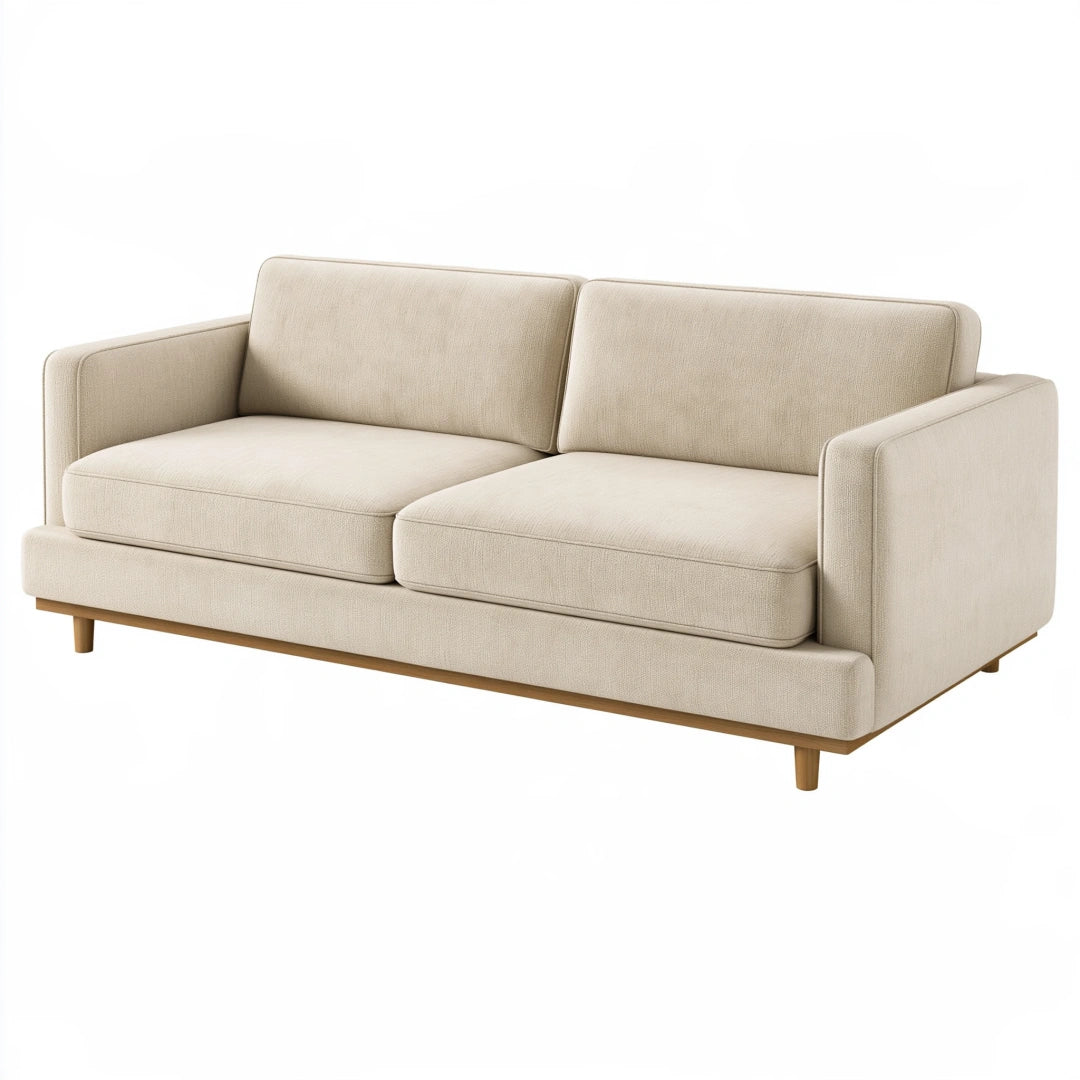 Canapé 2 places 180 cm en tissu beige avec pieds en bois style moderne