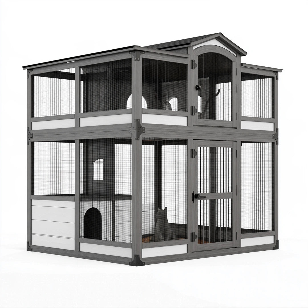 Enclos pour chat 170 x 85 x 180 cm en bois gris avec grillage métallique pour extérieur