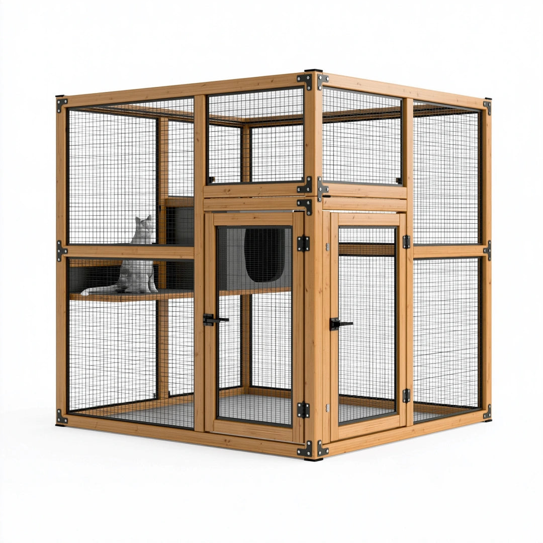 Enclos pour chat 120 x 90 x 180 cm en bois naturel et maille métallique avec plateformes