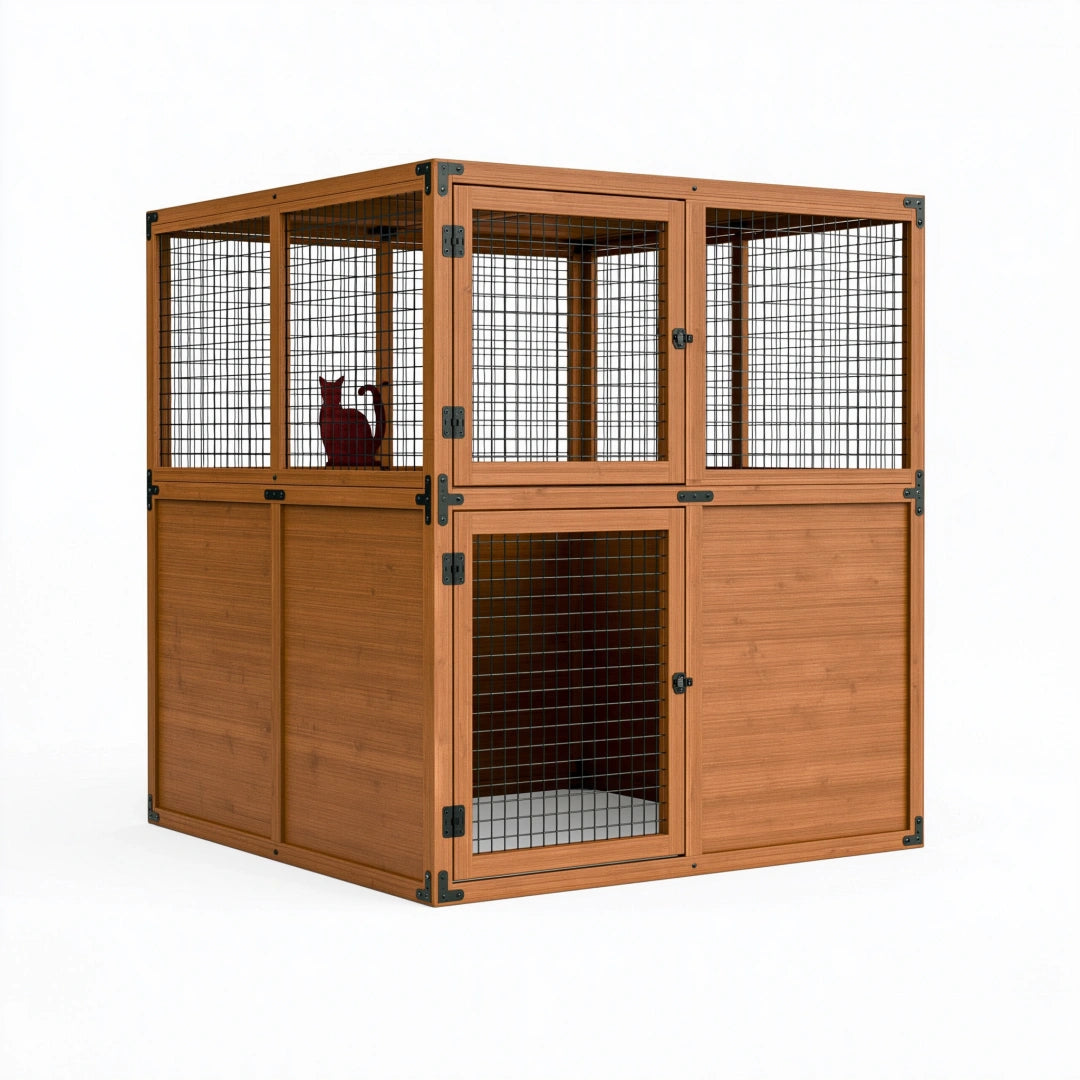 Enclos pour chat 120 x 120 x 120 cm en bois brun et grillage métallique avec portes verrouillables