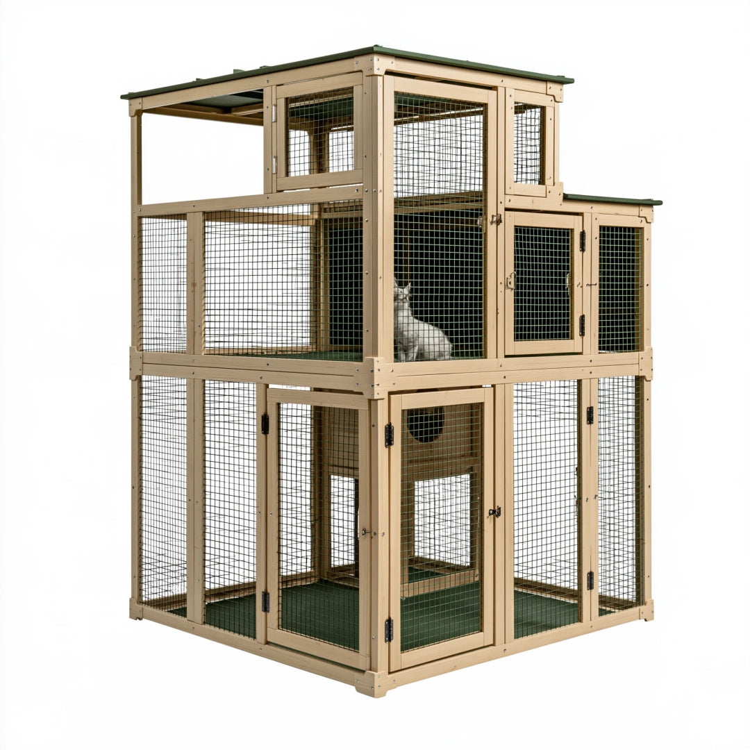 Enclos extérieur pour chat 180 x 120 x 180 cm bois naturel et grille métallique à niveaux