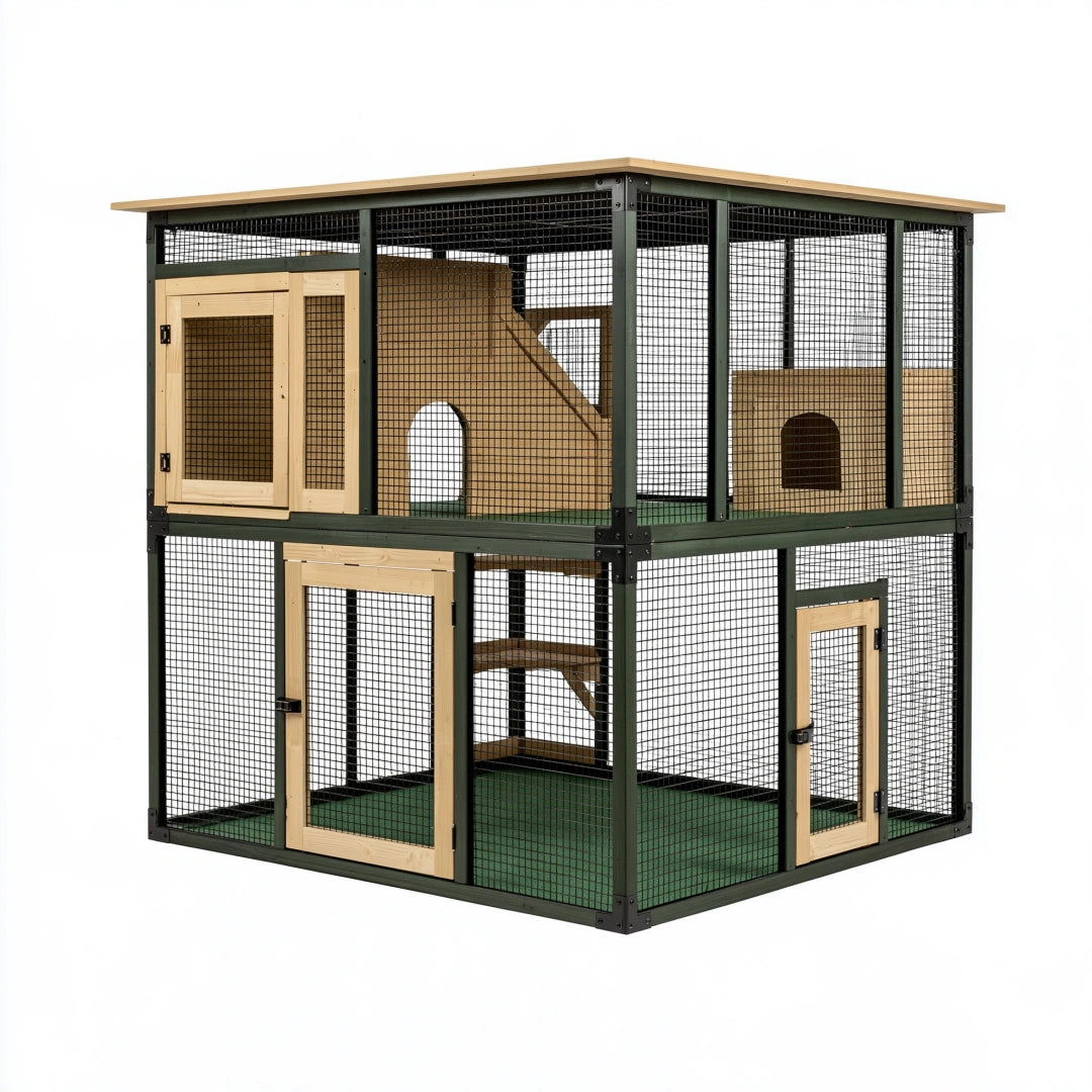 Enclos pour chat 168 x 83 x 169 cm en bois et métal vert naturel à deux niveaux