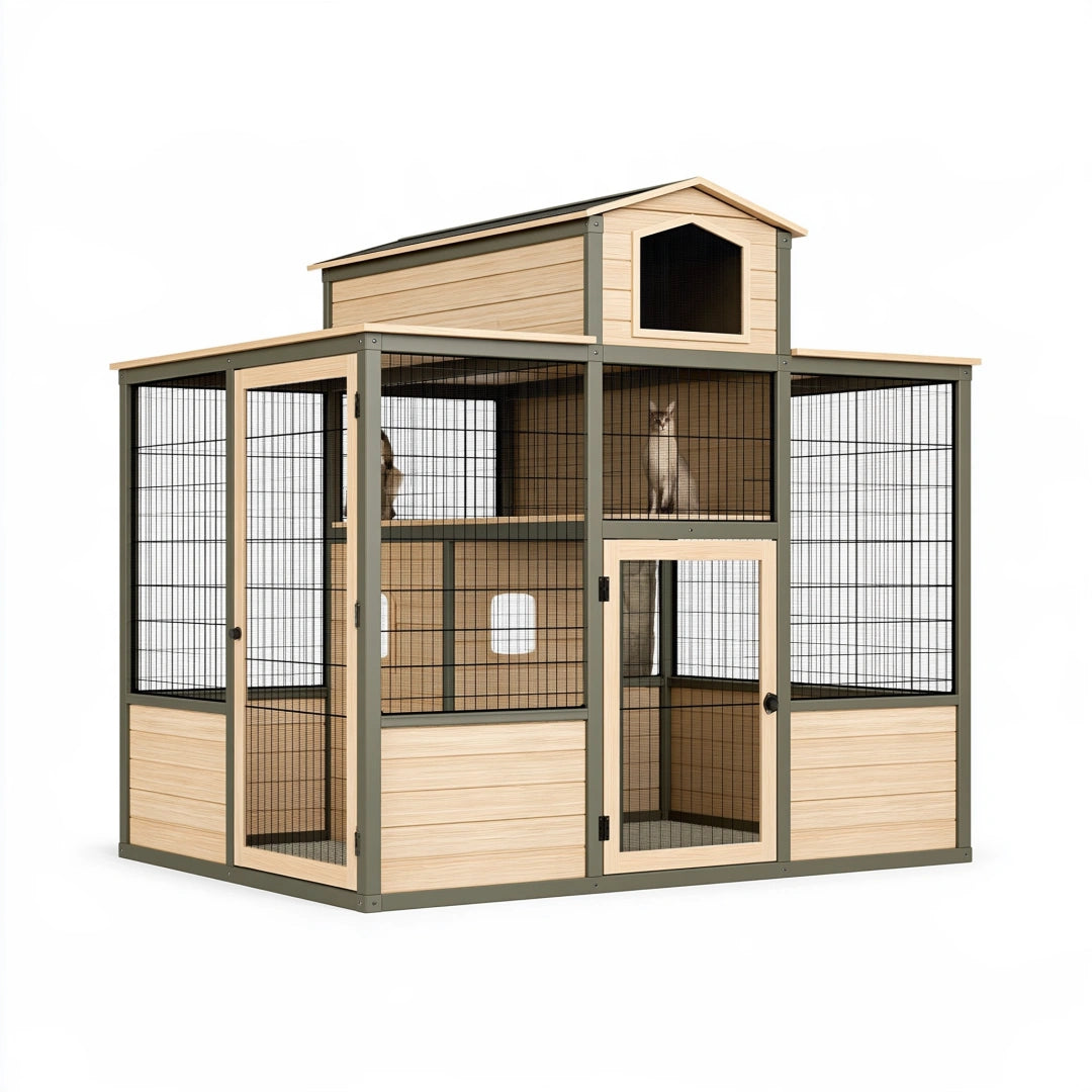 Enclos extérieur pour chat 200 x 100 x 180 cm en bois et métal beige gris avec abri surélevé