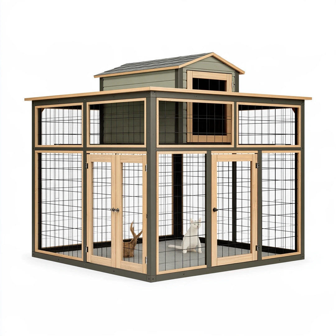 Enclos extérieur pour chats 300 x 200 x 230 cm en bois et métal vert style maisonnette