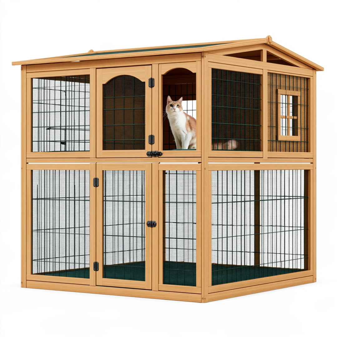 Enclos extérieur pour chat 180 x 90 x 180 cm en bois naturel et métal grillagé à deux niveaux