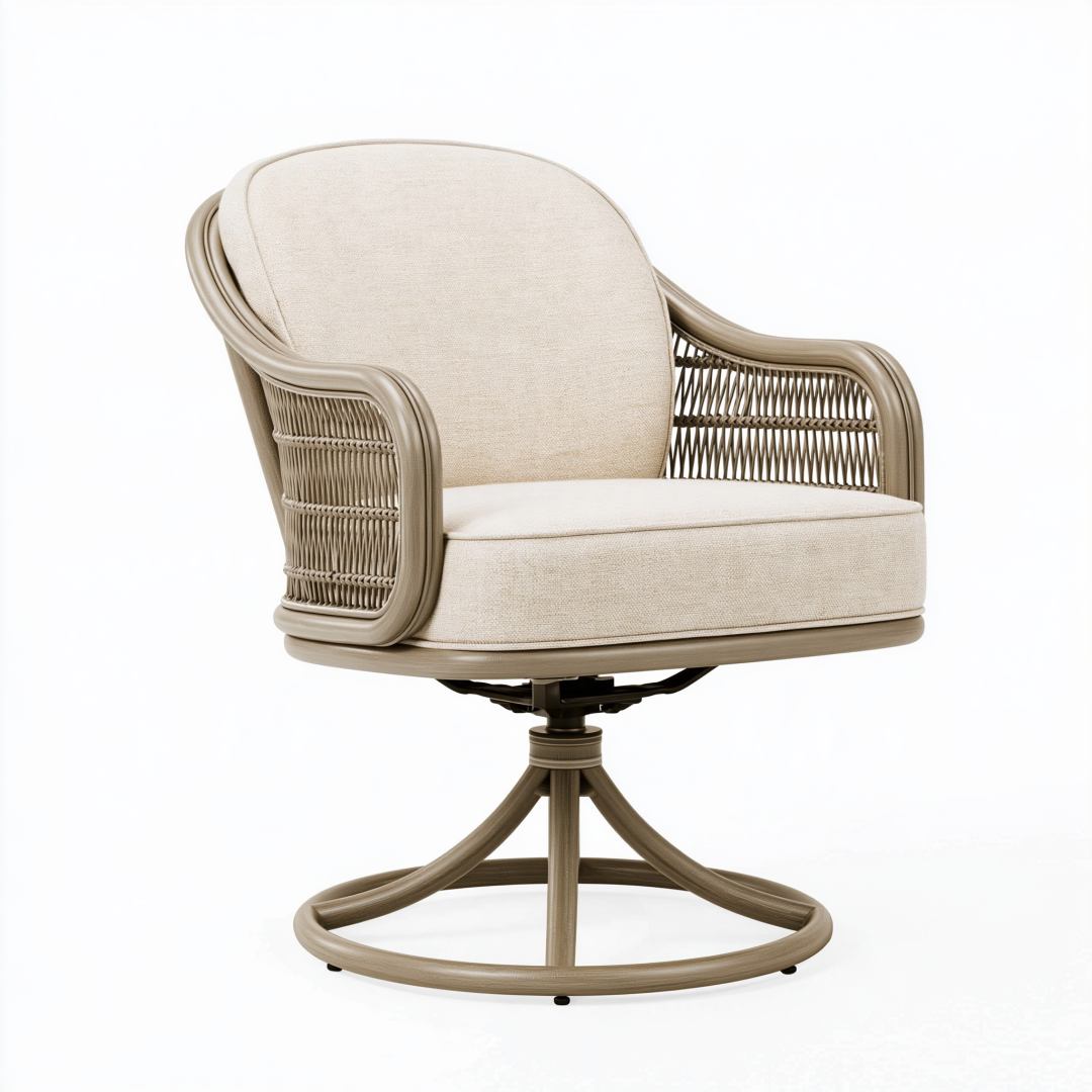 Fauteuil pivotant 78 x 76 x 91 cm en rotin beige et tissu style bohème