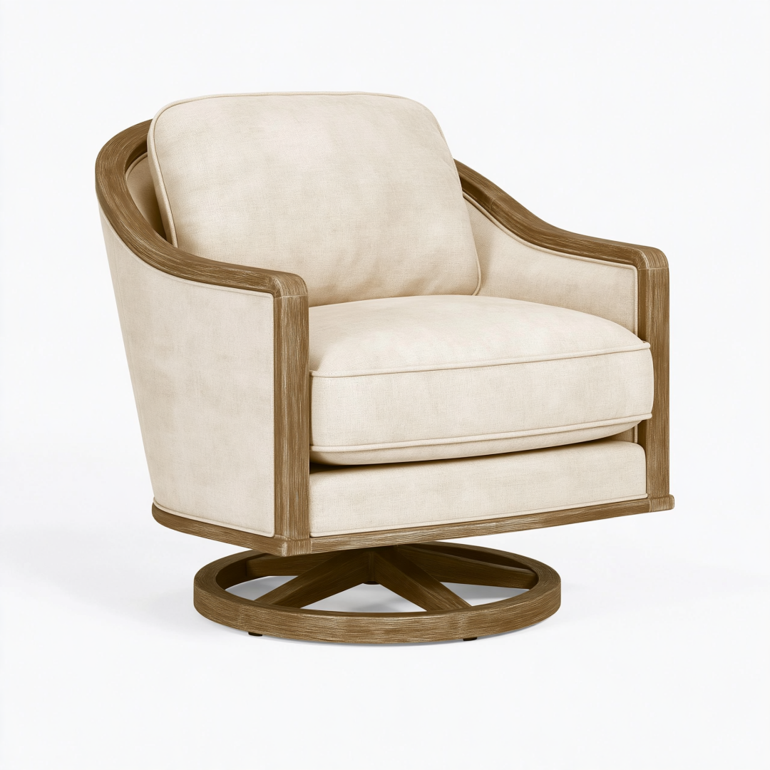Fauteuil pivotant 80 x 85 x 90 cm en tissu beige et bois style contemporain
