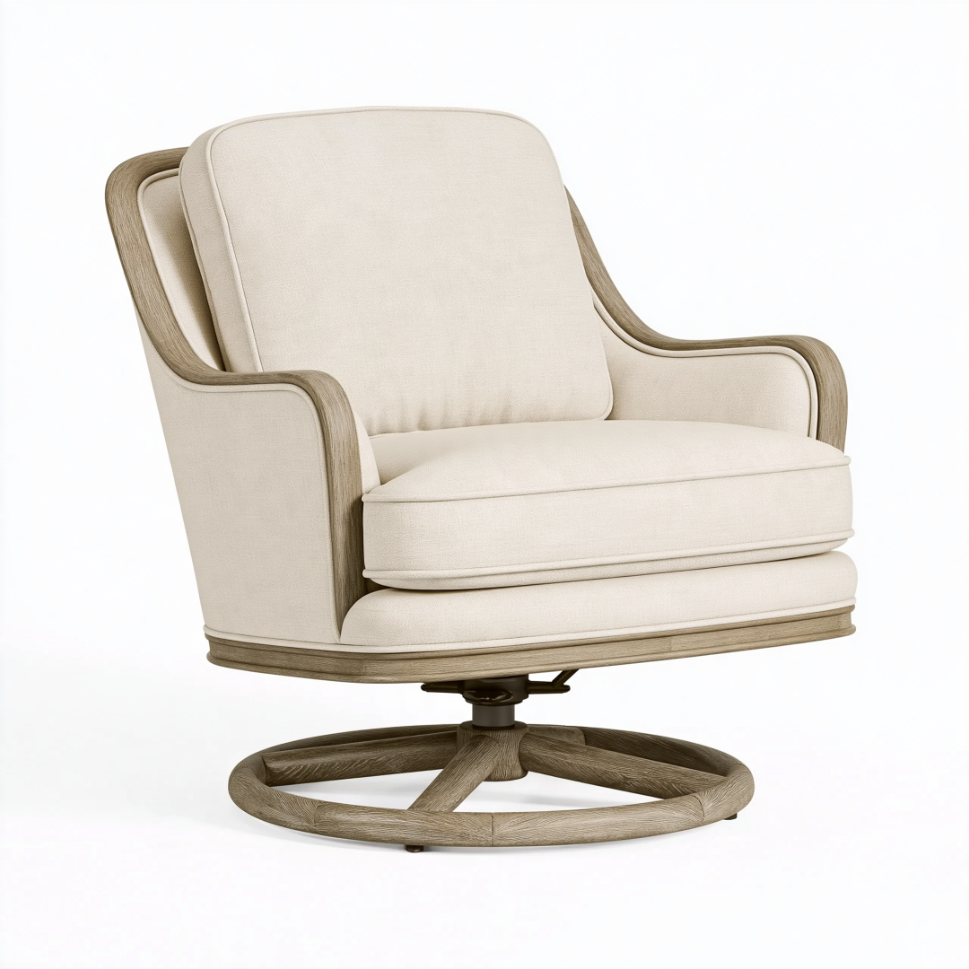 Fauteuil pivotant 82 x 88 x 98 cm en tissu beige et bois naturel style contemporain