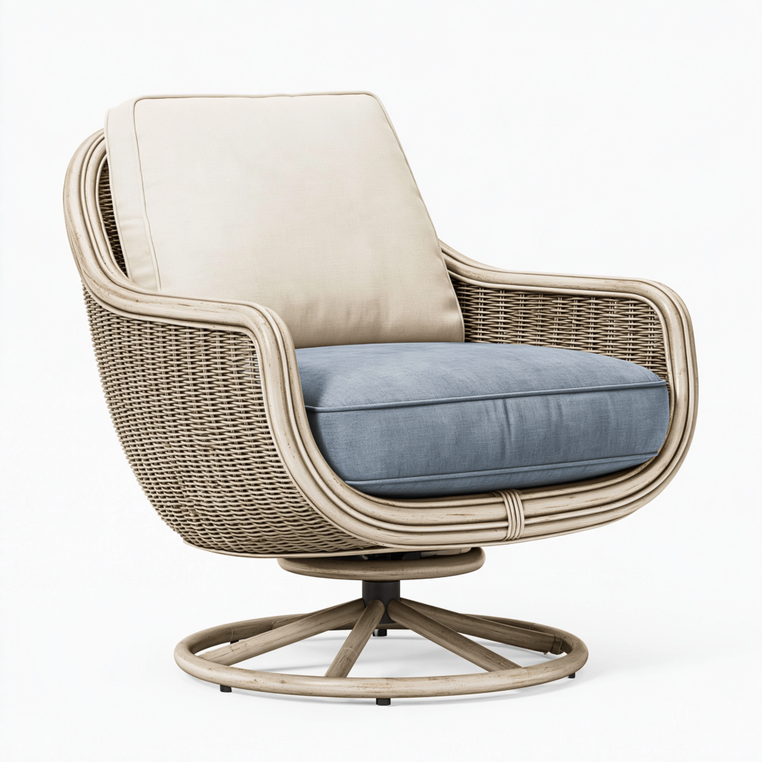 Fauteuil pivotant 85 x 85 x 95 cm en rotin tressé beige et coussins textiles style naturel