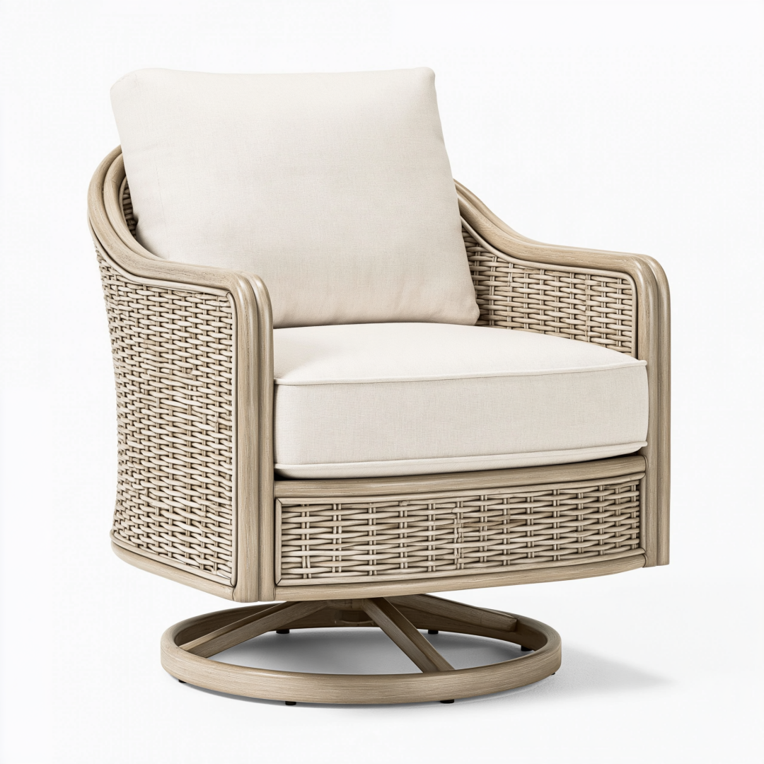 Fauteuil pivotant 80 x 80 x 90 cm en rotin beige avec assise rembourrée style naturel
