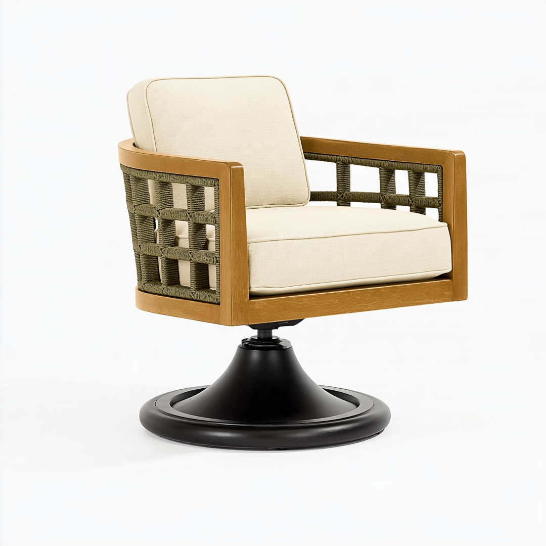 Fauteuil pivotant 75 cm en bois beige et vert avec tressage style contemporain