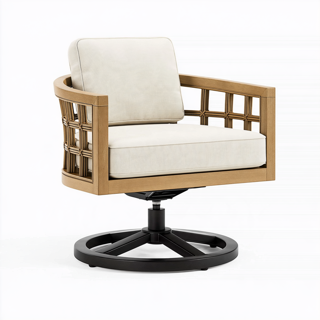 Fauteuil pivotant 75 x 75 x 82 cm en bois brun et tissu beige style naturel