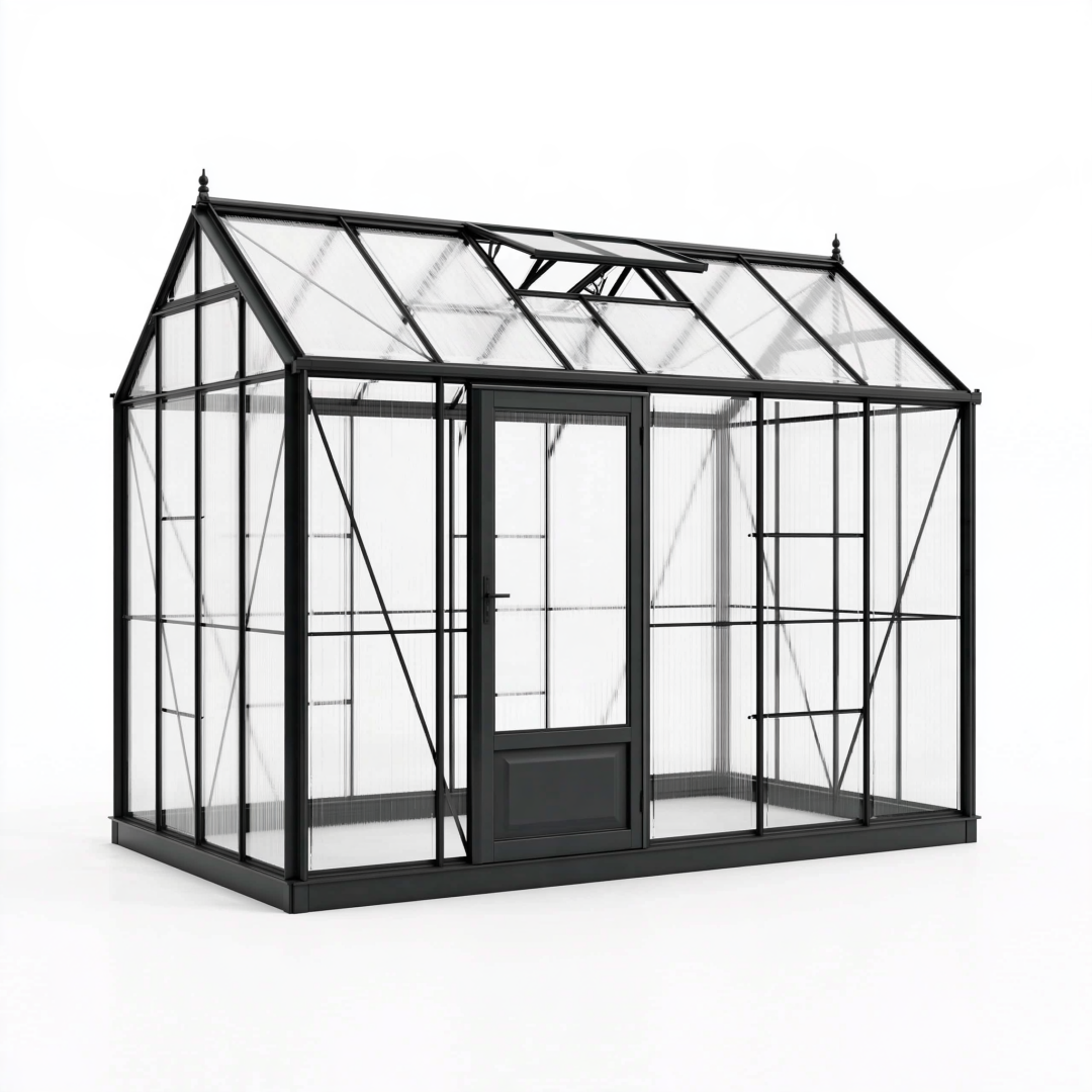 Serre de jardin 240x190x230cm en aluminium noir et polycarbonate transparent avec toit ouvrant