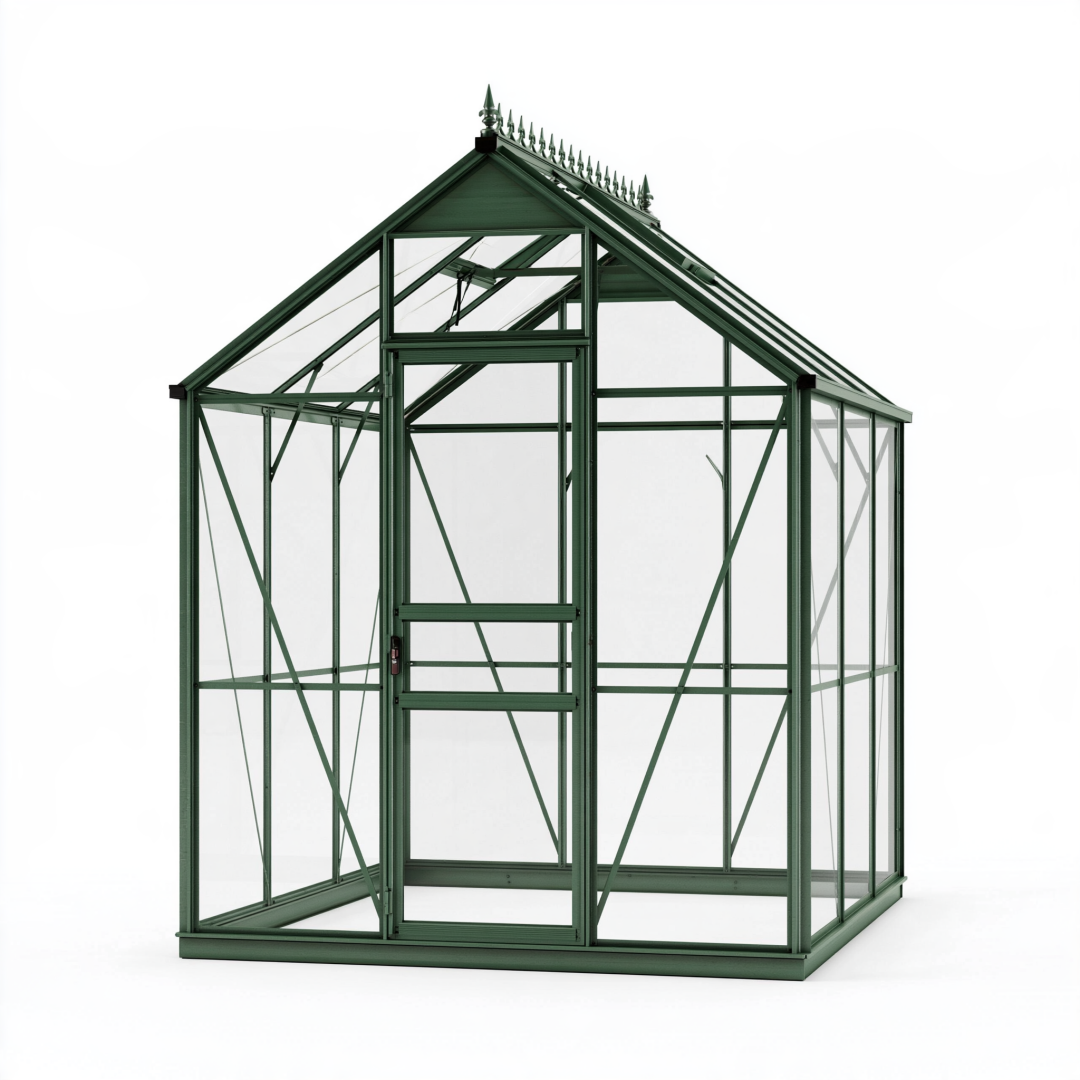 Serre de jardin 190 x 190 x 250 cm en aluminium vert et verre - toit à pignon avec porte