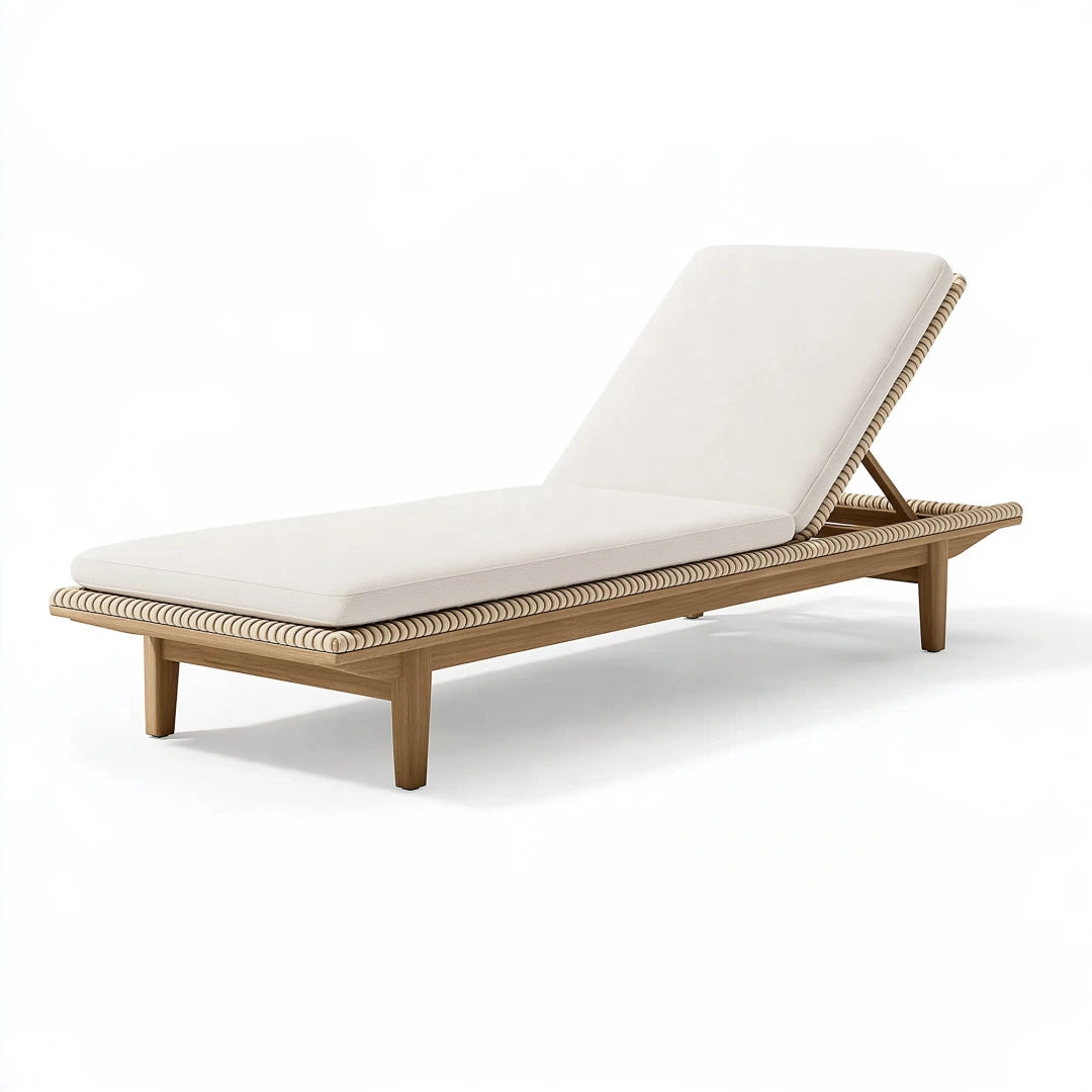 Bain de soleil 200 x 75 cm en bois naturel et corde tressée écru à dossier réglable pour extérieur