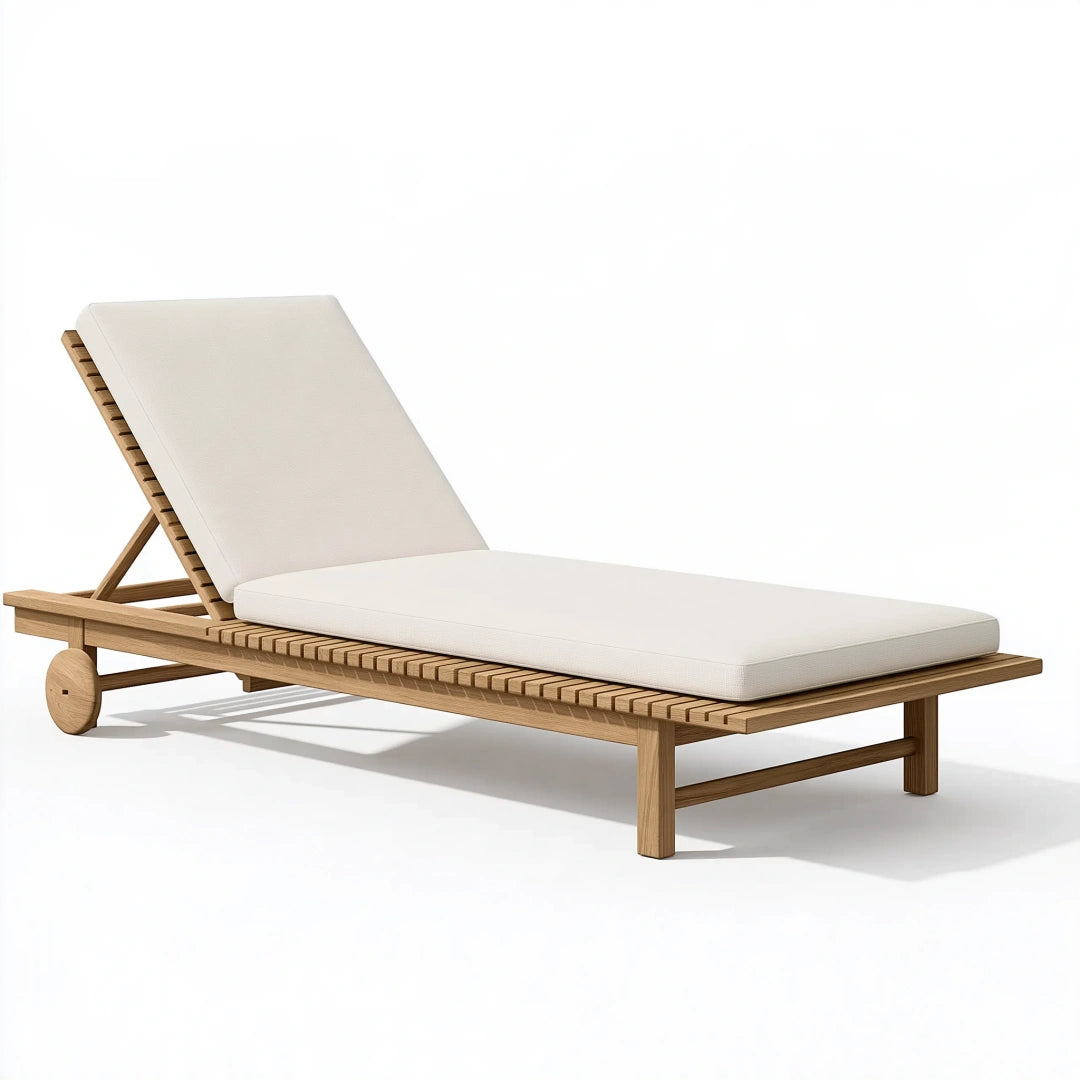 Chaise longue de jardin 200 x 70 cm en bois beige avec dossier réglable et roulettes