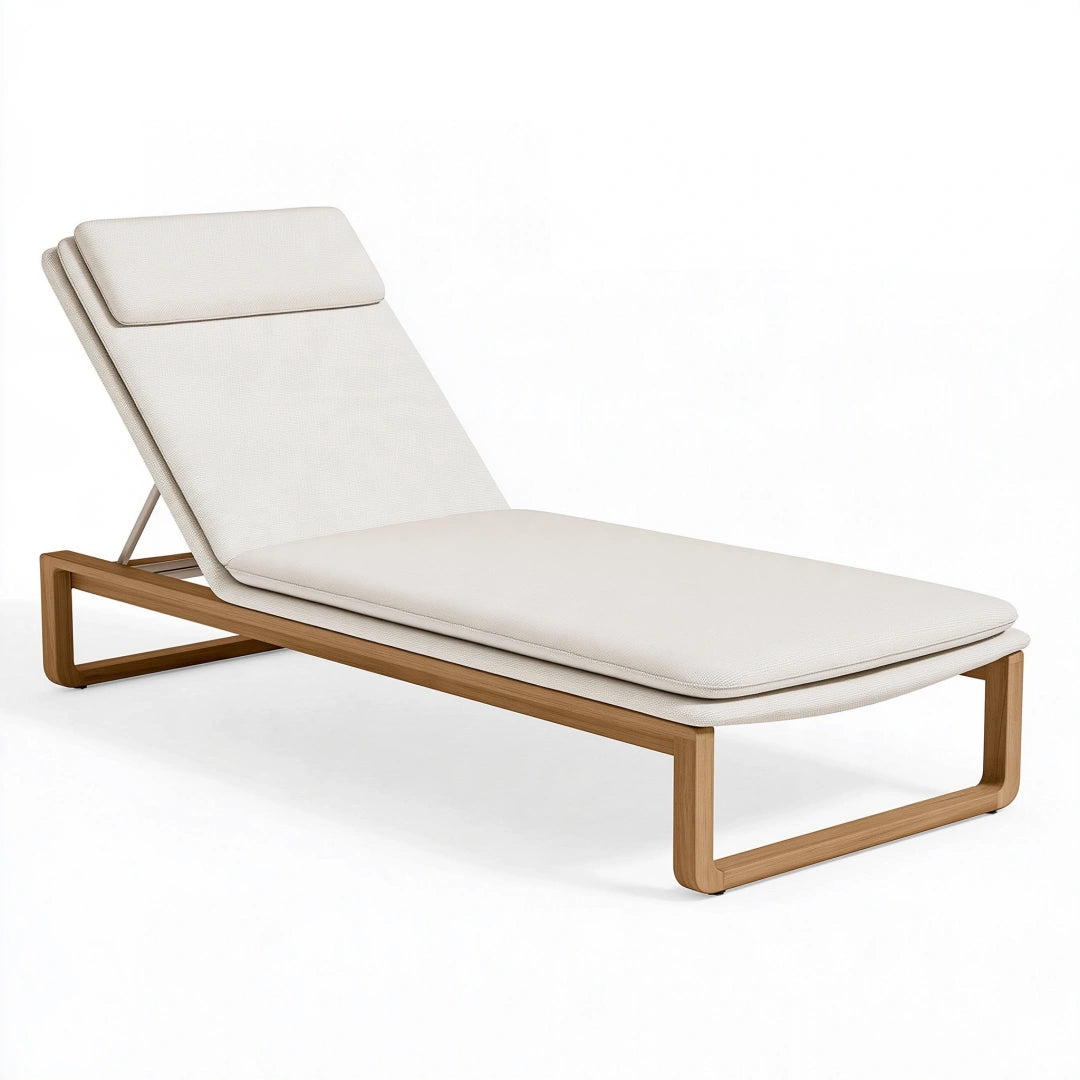 Chaise longue 200 x 70 cm en bois et tissu beige - dossier inclinable pour extérieur