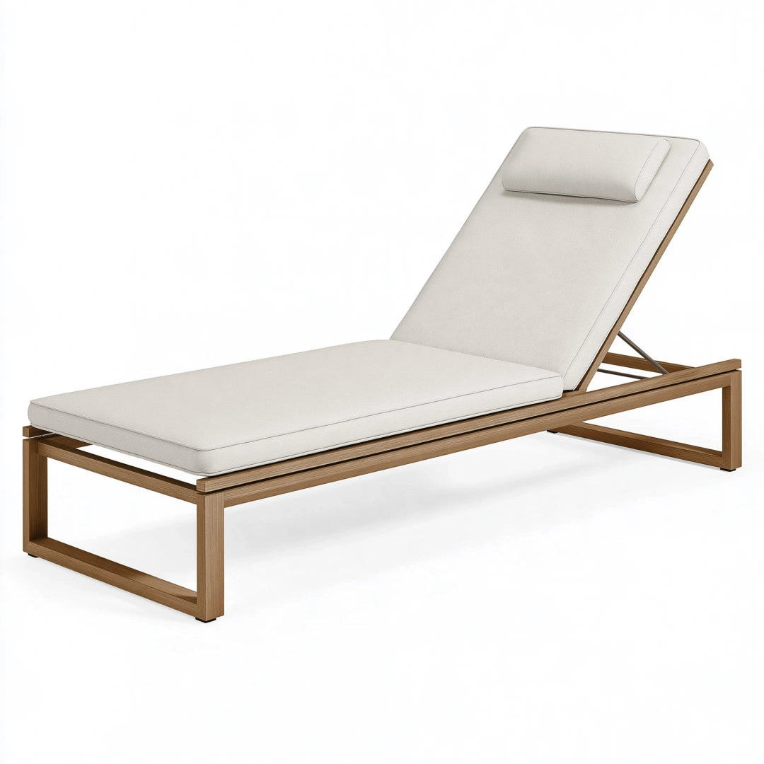 Transat de jardin 200 x 70 cm en bois brun avec coussin blanc dossier réglable
